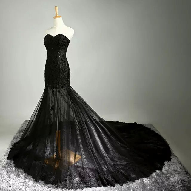 Black A-Line Wedding Dress Strapless Black Applique Sash Tulle