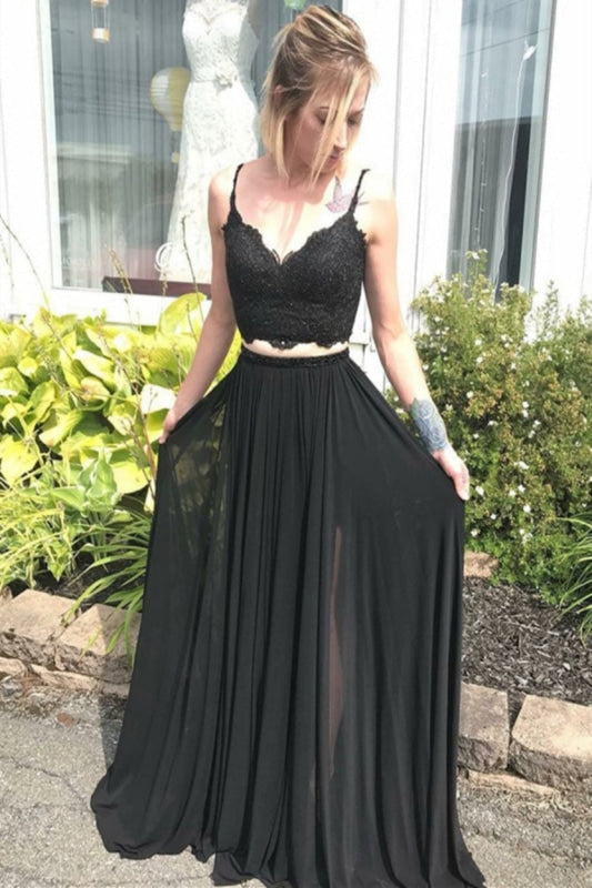 2 Piece V Neck Spaghetti Straps Black Lace Long Prom Black 2 Pieces Graduation Black Formal Evening - Dress