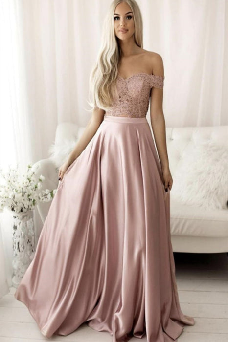 2 Pieces Off Shoulder Pink Lace Long Prom Two Pieces Pink Lace Formal Pink Lace Evening - Dress