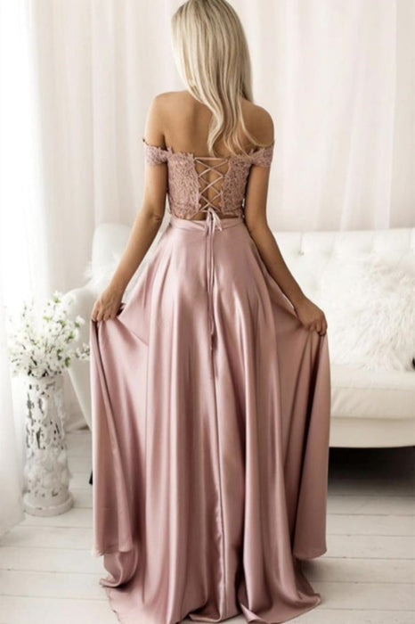 2 Pieces Off Shoulder Pink Lace Long Prom Two Pieces Pink Lace Formal Pink Lace Evening - Dress