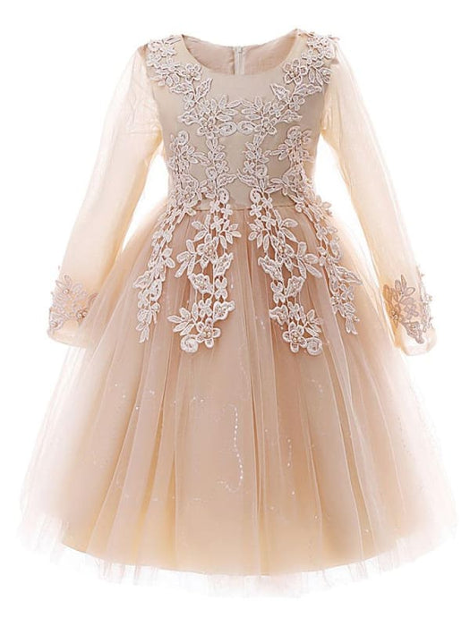 White Flower Girl Dresses Jewel Neck 3/4 Length Sleeves Tulle Polyester Cotton Lace Embroidered Kids Party Dresses