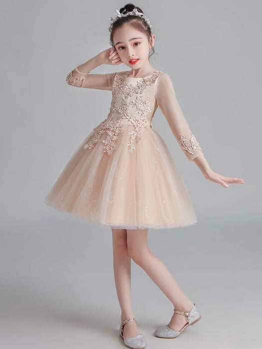 White Flower Girl Dresses Jewel Neck 3/4 Length Sleeves Tulle Polyester Cotton Lace Embroidered Kids Party Dresses