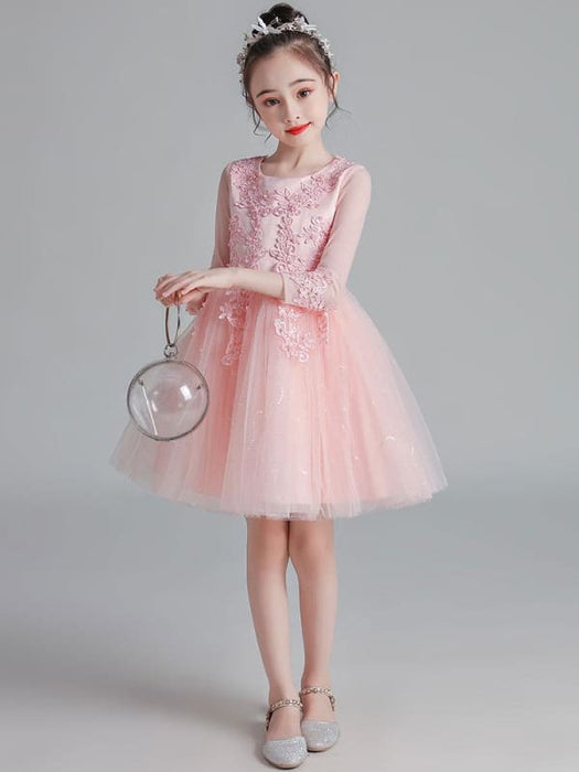 White Flower Girl Dresses Jewel Neck 3/4 Length Sleeves Tulle Polyester Cotton Lace Embroidered Kids Party Dresses