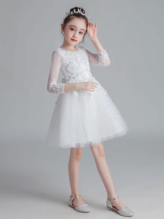 White Flower Girl Dresses Jewel Neck 3/4 Length Sleeves Tulle Polyester Cotton Lace Embroidered Kids Party Dresses