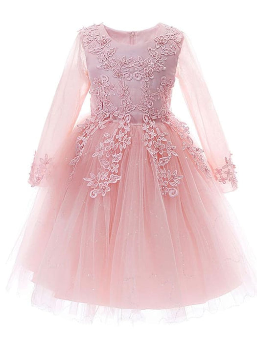 White Flower Girl Dresses Jewel Neck 3/4 Length Sleeves Tulle Polyester Cotton Lace Embroidered Kids Party Dresses