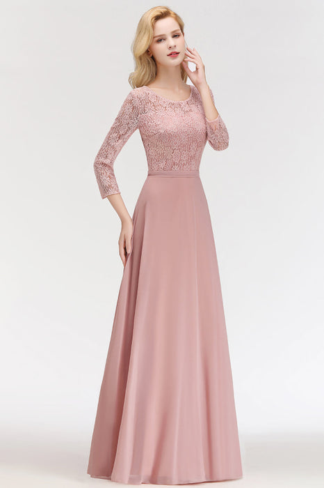 Bridelily Elegant 3/4 Sleeves Lace Long Dusty Rose Bridesmaid Dresses Online