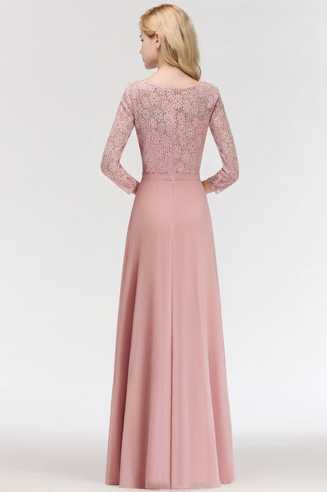 Bridelily Elegant 3/4 Sleeves Lace Long Dusty Rose Bridesmaid Dresses Online