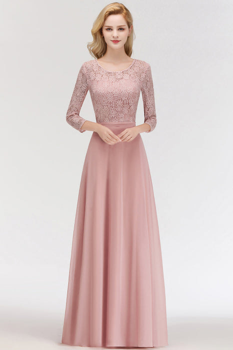 Bridelily Elegant 3/4 Sleeves Lace Long Dusty Rose Bridesmaid Dresses Online