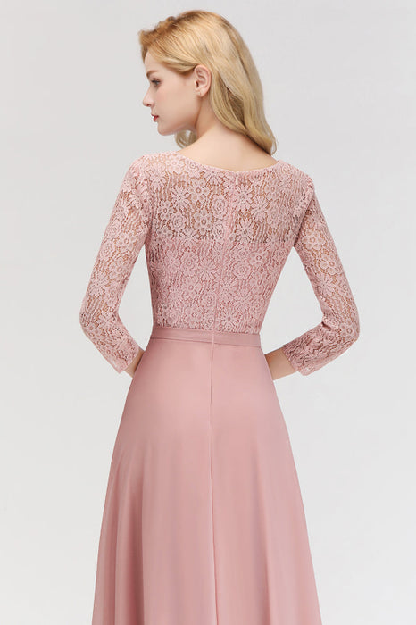 Bridelily Elegant 3/4 Sleeves Lace Long Dusty Rose Bridesmaid Dresses Online