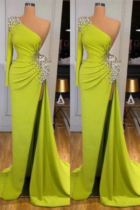 617. Yellow Green Long Sleeves Mermaid Prom Dress with Split and Beads