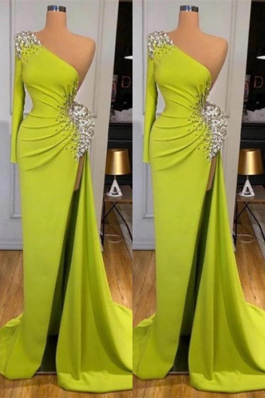 617. Yellow Green Long Sleeves Mermaid Prom Dress with Split and Beads