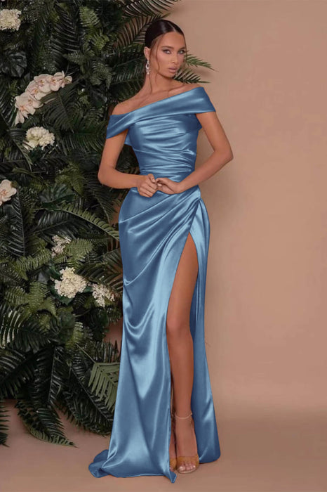 622. Champagne Off-The-Shoulder Charmeuse Prom Dress with Split Mermaid