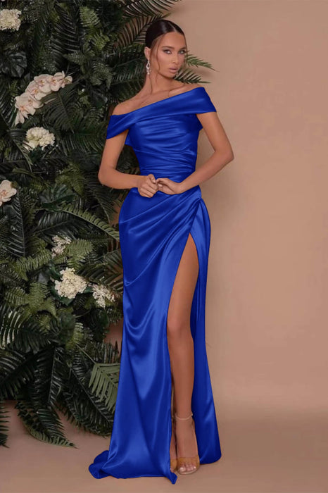 622. Champagne Off-The-Shoulder Charmeuse Prom Dress with Split Mermaid