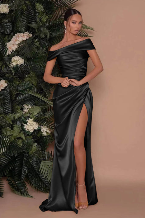 622. Champagne Off-The-Shoulder Charmeuse Prom Dress with Split Mermaid