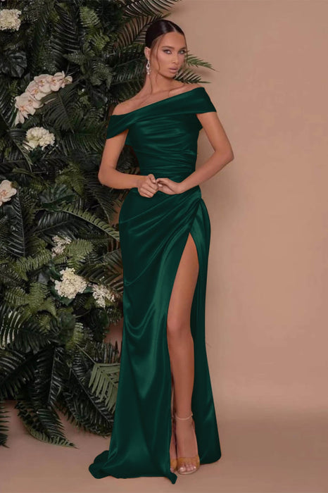 622. Champagne Off-The-Shoulder Charmeuse Prom Dress with Split Mermaid