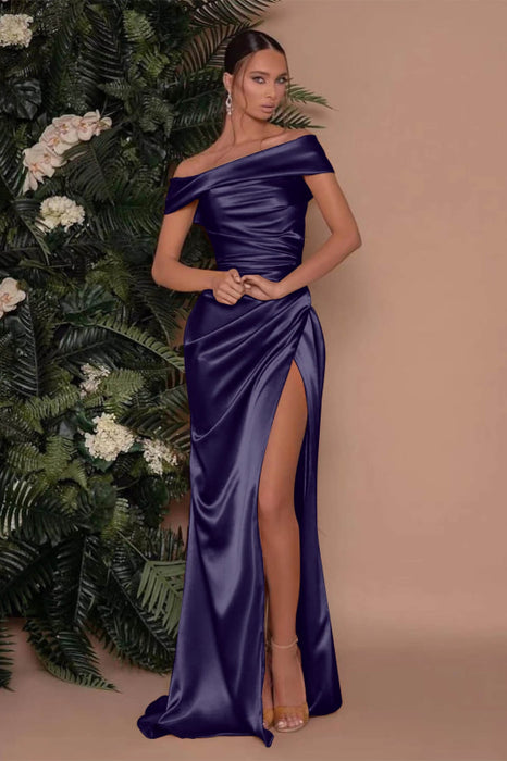 622. Champagne Off-The-Shoulder Charmeuse Prom Dress with Split Mermaid