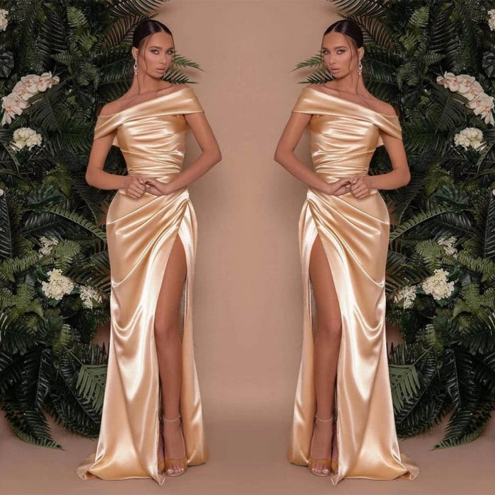 622. Champagne Off-The-Shoulder Charmeuse Prom Dress with Split Mermaid