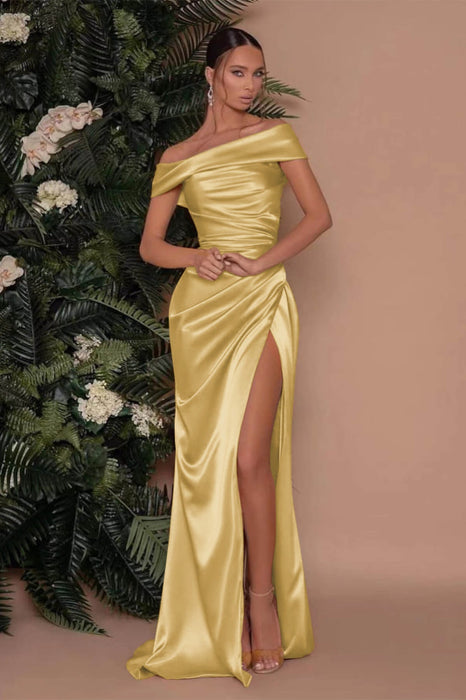 622. Champagne Off-The-Shoulder Charmeuse Prom Dress with Split Mermaid