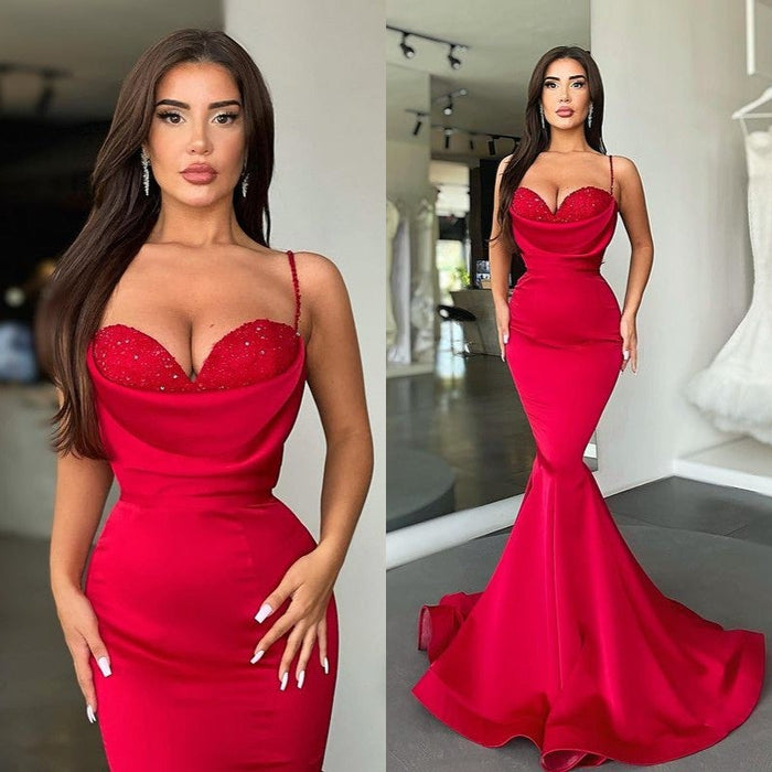 624. Red Spaghetti-Straps Long Mermaid Prom Dress