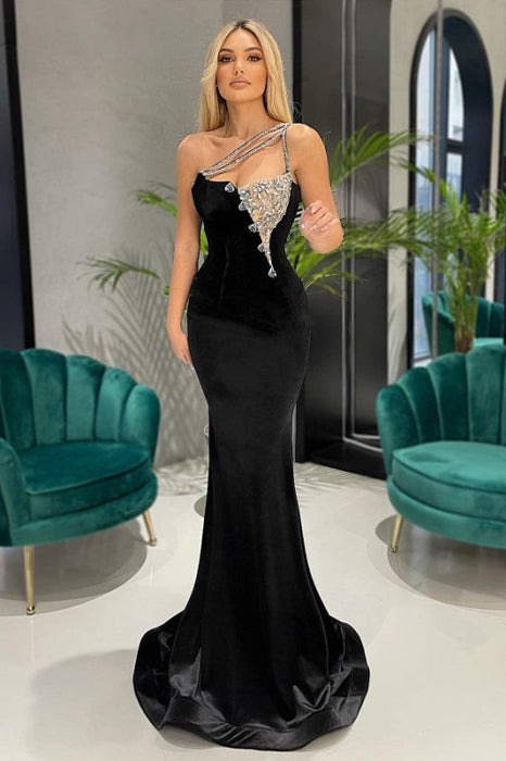 627. Black One-Shoulder Mermaid Long Prom Dress with Rhinestones