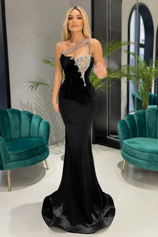 627. Black One-Shoulder Mermaid Long Prom Dress with Rhinestones