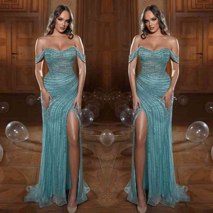 629. Charming Green Evening Dress Prom Dress Strapless Off-the-Shoulder with Sequins and Slit