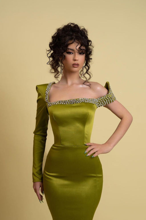 631. Sage Green Charmeuse One Shoulder Mermaid Prom Dress with Slit