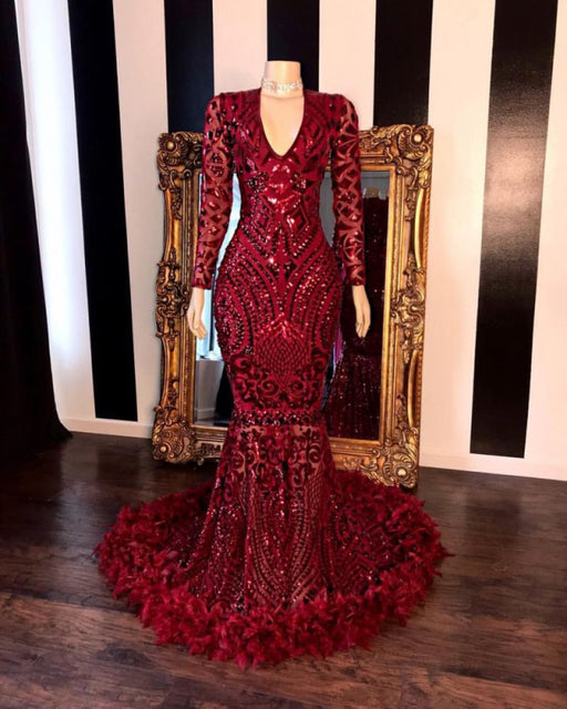 642. Burgundy V-Neck Long Sleeves Mermaid Prom Dress with Feather and Sequins