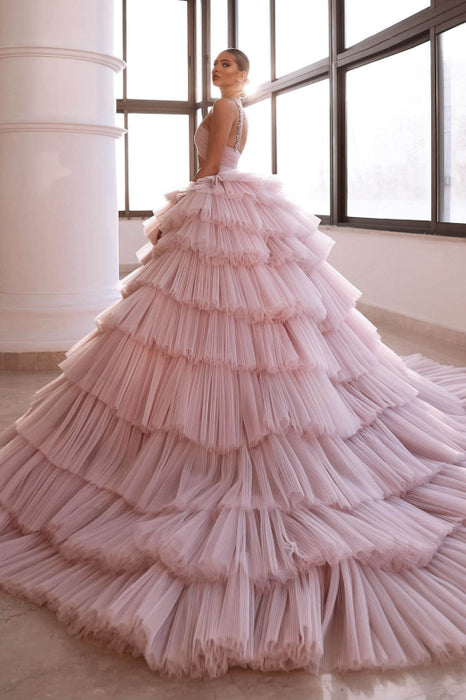 643. Luxurious Pink Deep V-Neck Sleeveless Prom Dress with Tulle Layered and Crystal