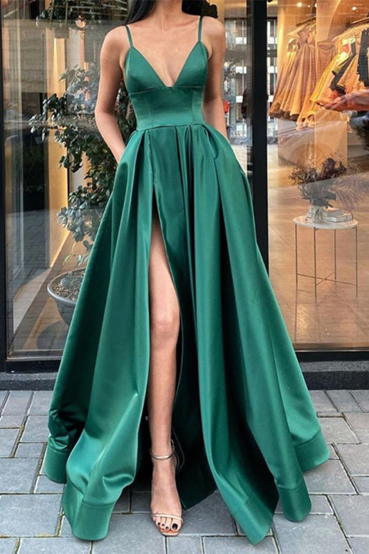 648. Dark Green Prom Dress with Split and Pockets