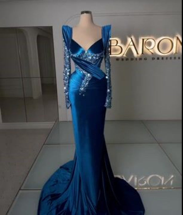 650. Royal Blue Long Sleeves Mermaid Charmeuse Prom Dress with Beadings