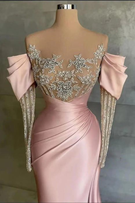 651. Pink Off-The-Shoulder Front Split Mermaid Prom Dress with Beadings and Appliques