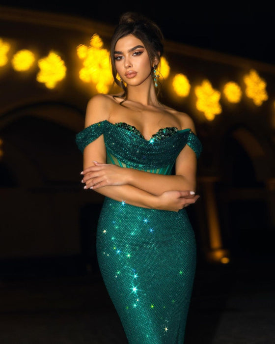 658. Sequins Prom Dark Green Off-the-Shoulder Long Mermaid Gown