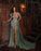 660. Green Sequins Prom Dress One Shoulder Charmeuse Sleeveless with Trail and High Slit