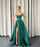 663. Dark Green Spaghetti-Straps V-Neck Long A-Line Prom Dress with Split