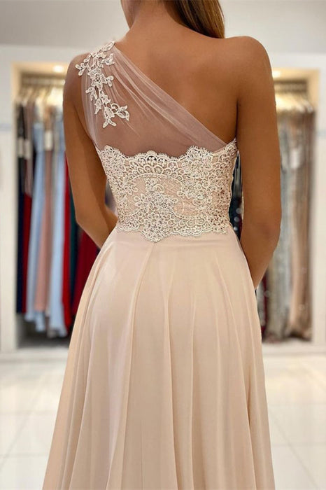 669. One Shoulder Lace Appliques Prom Dress with Slit