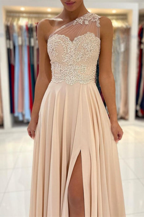 669. One Shoulder Lace Appliques Prom Dress with Slit