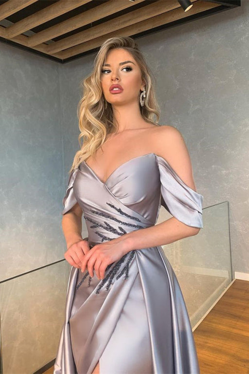 675. Silver Off-the-Shoulder Mermaid Prom Dress with Slit