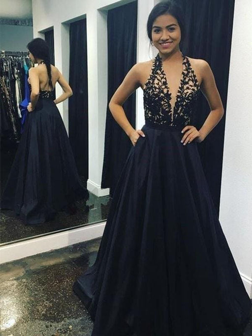 A| Bridelily A-Line V-Neck Sleeveless With Applique Sweep/Brush Train Satin Dresses - Prom Dresses