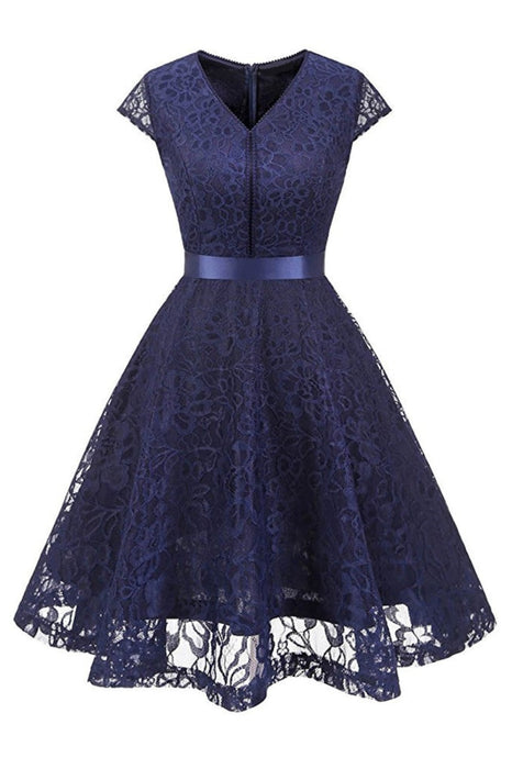 A| Bridelily Womens Street 1950s Short Sleeve A-Line Cocktail Party Dress - S / Navy Blue - lace dresses