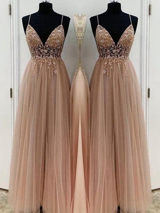 A-Line/Princess Beading Tulle Spaghetti Straps Sleeveless Floor-Length Dresses - Prom Dresses