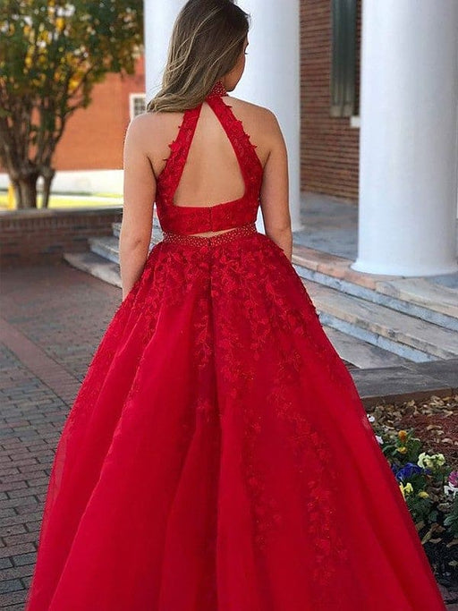 A-Line/Princess Sleeveless Halter Beading Tulle Floor-Length Two Piece Dresses - Prom Dresses