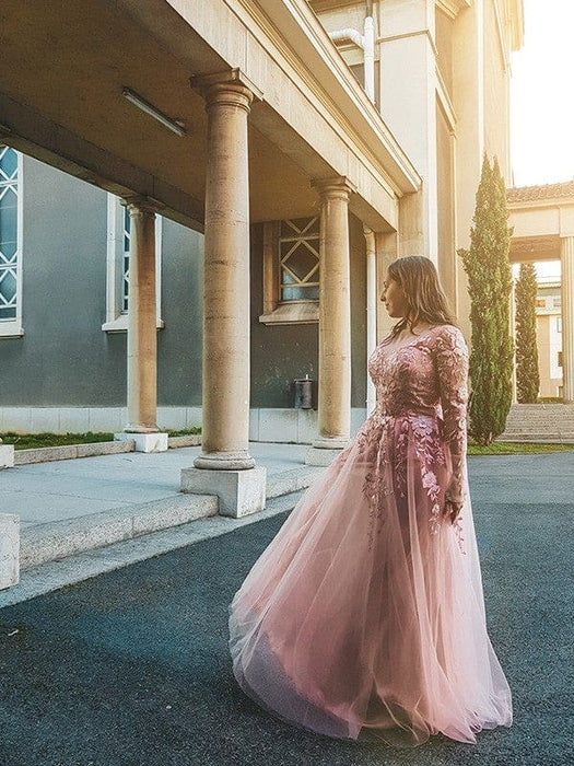 A-Line/Princess Tulle Applique Long Sleeves V-neck Floor-Length Dresses - Prom Dresses