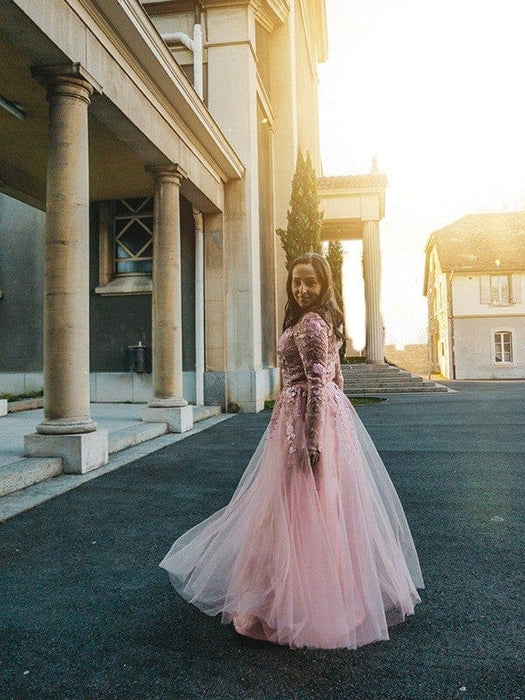 A-Line/Princess Tulle Applique Long Sleeves V-neck Floor-Length Dresses - Prom Dresses