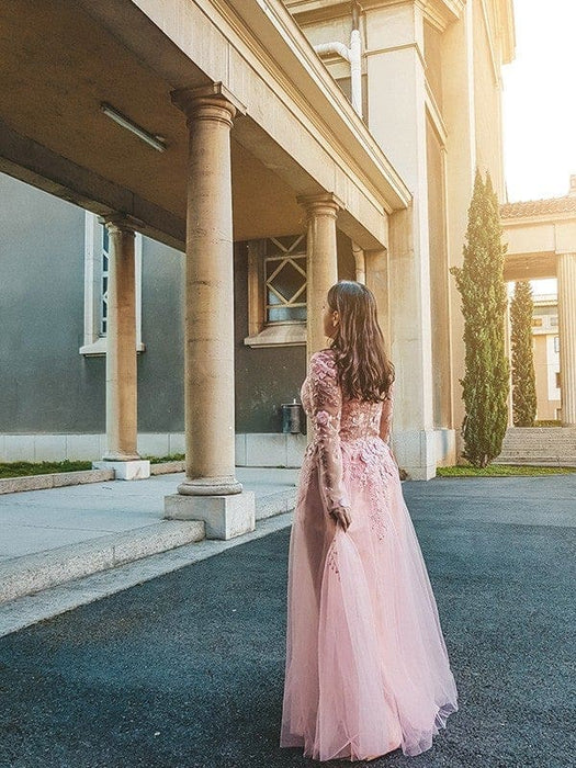 A-Line/Princess Tulle Applique Long Sleeves V-neck Floor-Length Dresses - Prom Dresses