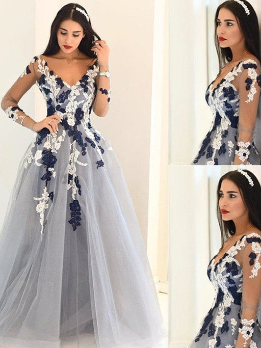 A-Line/Princess V-Neck Long Sleeves Applique Tulle Floor-Length Dresses - Prom Dresses