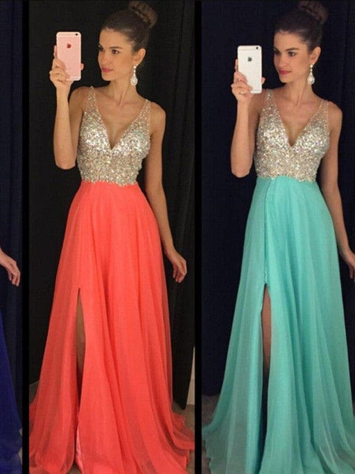 A-Line/Princess V-neck Sleeveless Beading Floor-Length Chiffon Dresses - Prom Dresses