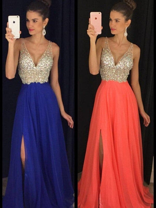 A-Line/Princess V-neck Sleeveless Beading Floor-Length Chiffon Dresses - Prom Dresses