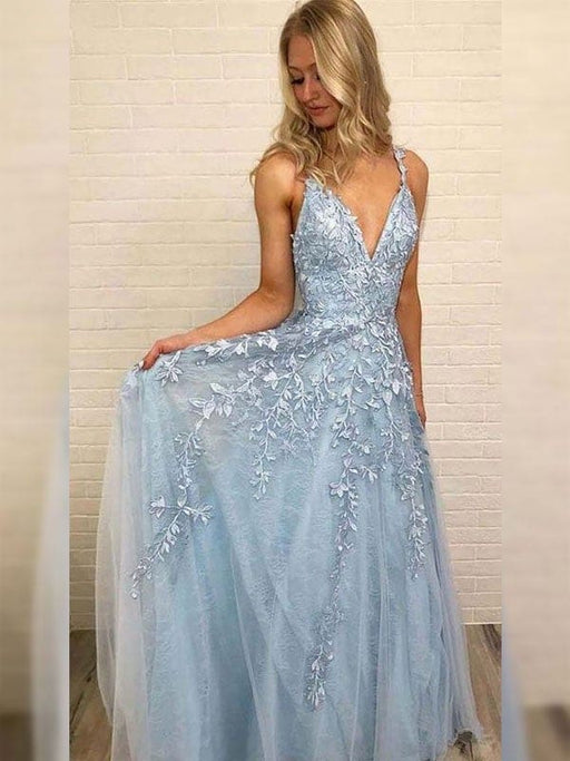 A-Line/Princess V-neck Sleeveless Floor-Length Applique Tulle Dresses - Prom Dresses