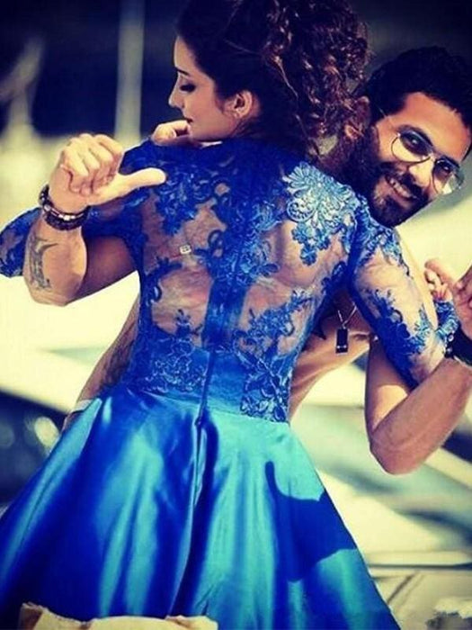 Bridelily A-Line Satin Jewel Long Sleeves Short/Mini With Applique Dresses - Prom Dresses